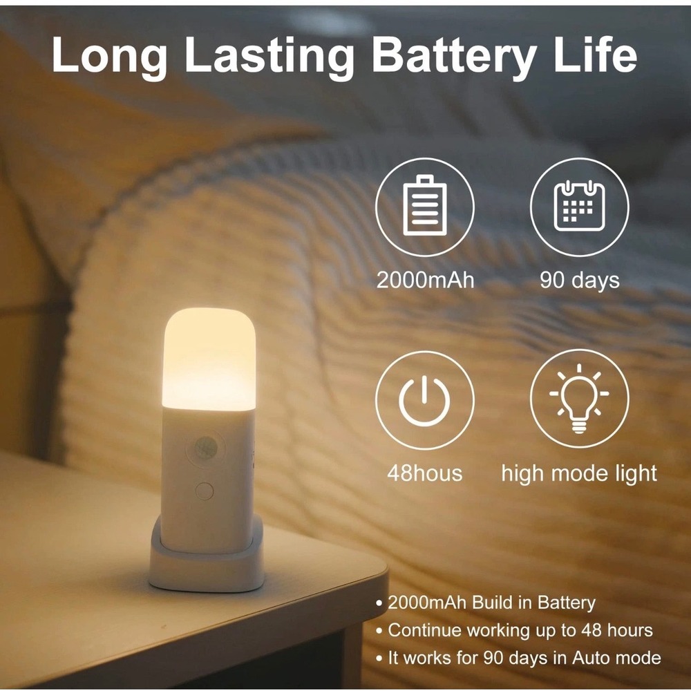 LED Motion Sensor Night Light Rechargeable 2000mAh Portable Dimmable White